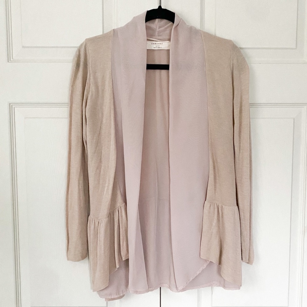 Zara knit blush pink and tan open front waterfall cardigan
